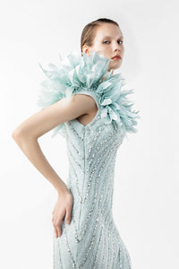 HerTrove-Beaded Dress with Diagonal Lace & Slit