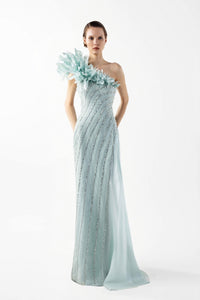 HerTrove-Beaded Dress with Diagonal Lace & Slit