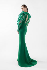 HerTrove-Crepe Dress with Illusion Lace & Organza Sleeves
