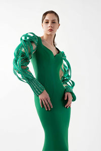 HerTrove-Crepe Dress with Illusion Lace & Organza Sleeves