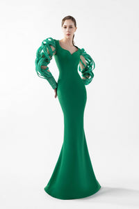 HerTrove-Crepe Dress with Illusion Lace & Organza Sleeves