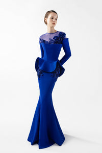 HerTrove-Embroidered Mermaid Gown with Peplum Detail