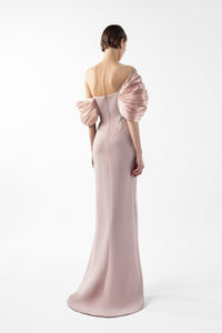 HerTrove-Draped Petal Crepe and Metallic Blush Gown