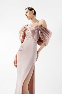 HerTrove-Draped Petal Crepe and Metallic Blush Gown