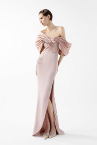 HerTrove-Draped Petal Crepe and Metallic Blush Gown