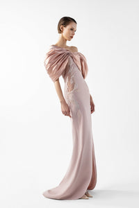 HerTrove-Draped Petal Crepe and Metallic Blush Gown