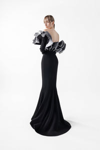 HerTrove-Sculptural long sleeves gown with tri-toned ruffles