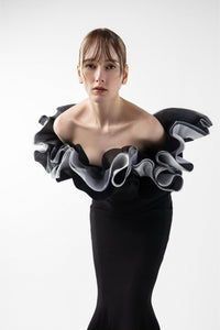 HerTrove-Sculptural long sleeves gown with tri-toned ruffles