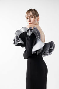 HerTrove-Sculptural long sleeves gown with tri-toned ruffles