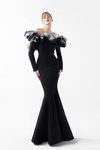 HerTrove-Sculptural long sleeves gown with tri-toned ruffles