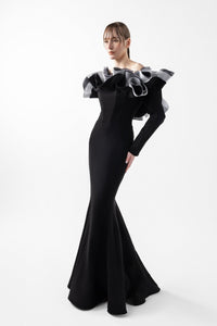 HerTrove-Sculptural long sleeves gown with tri-toned ruffles