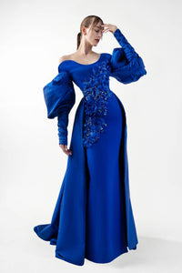 HerTrove-Crepe Gown with Floral Embroidery & Taffeta Overskirt