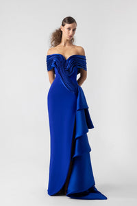 draped organza dress Midnight Iridescent Liquid Organza Asymmetric Draped High Slit Gown