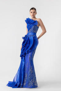 HerTrove-Side Slit Embroidered Gownwith Pleats