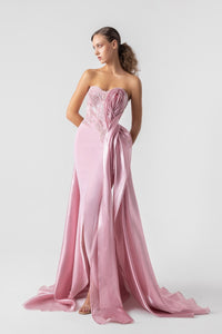HerTrove-Strapless Crepe Gown With Organza Ruffles