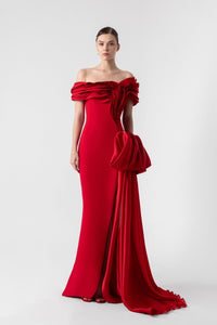 HerTrove-Off Shoulder Crepe Gown With Organza Inserts