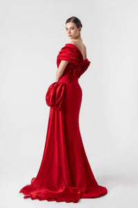 HerTrove-Off Shoulder Crepe Gown With Organza Inserts