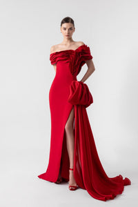 HerTrove-Off Shoulder Crepe Gown With Organza Inserts