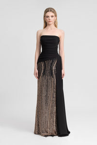 Strapless Draped Dress with Beaded Overskirt Bronze / US 14