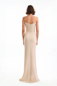 corset dress draped skirt Strapless Beaded Corset Satin Gown with Draped Skirt and High Slit (3373) Champagne / 2