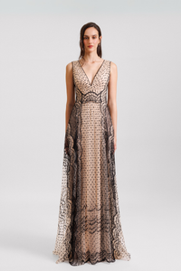 HerTrove-Sleeveless V Neck Gown With Embroidery