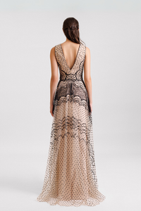 HerTrove-Sleeveless V Neck Gown With Embroidery