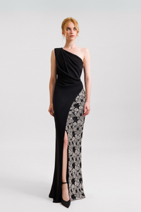 HerTrove-One-Shoulder Draped Dress With Embroidery