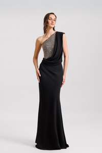 HerTrove-One-Shoulder Crepe Dress With Stone Corset