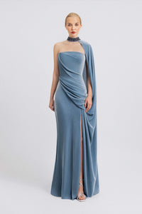 Draped Dress with Beaded Collar Blue / US 10