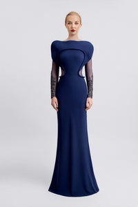 See-Through Back and Beaded Sleeves Dress Navy / US 2