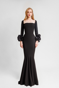 HerTrove-Squared-Neckline Floral Cuff Dress