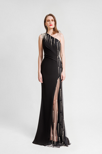 HerTrove-One-Shoulder Beaded crepe Dress