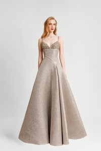 HerTrove-Beaded neckline sleeveless brocade dress