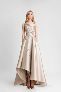HerTrove-Asymmetrical Hemline beaded mikado Dress