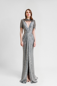 HerTrove-Embroidered Sequins V-Neck Dress