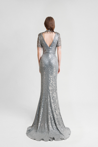 HerTrove-Embroidered Sequins V-Neck Dress