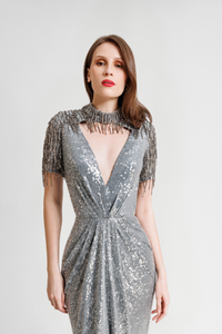 HerTrove-Embroidered Sequins V-Neck Dress