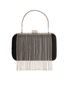 HerPorte-Black Crepe Clutch with Stone Fringes