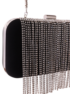 HerPorte-Black Crepe Clutch with Stone Fringes