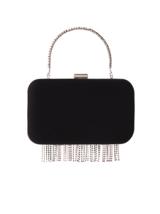 HerPorte-Black Crepe Clutch with Stone Fringes