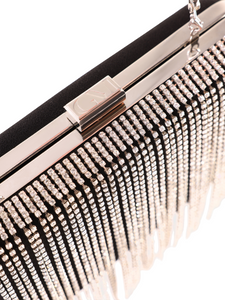 HerPorte-Black Crepe Clutch with Stone Fringes