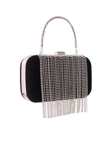 HerPorte-Black Crepe Clutch with Stone Fringes