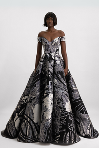 HerTrove-Off Shoulder Voluminous Jacquard Dress