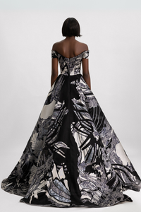 HerTrove-Off Shoulder Voluminous Jacquard Dress