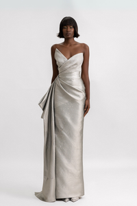 HerTrove-Asymmetrical Neckline Jacquard Dress