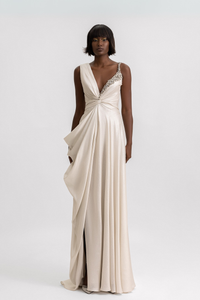 HerTrove-Asymmetrical Neckline Draped Dress