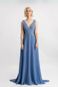 HerTrove-Blue Beaded A-line Gown