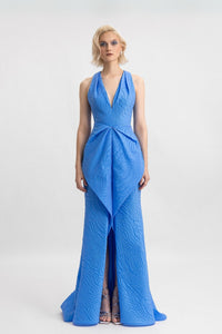 HerTrove-Blue Brocade Column Gown