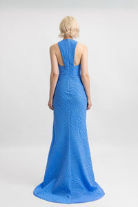 HerTrove-Blue Brocade Column Gown