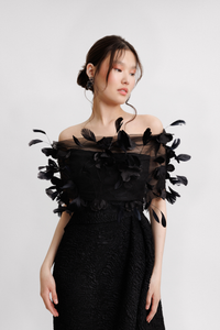 HerTrove-Drapped skirt strapless jacquard dress
